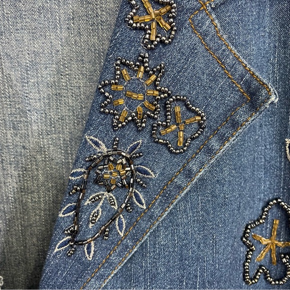 Susan Graver Jacket Womens Large Floral Beaded Embroidered Denim Blazer Stretch - Picture 2 of 12